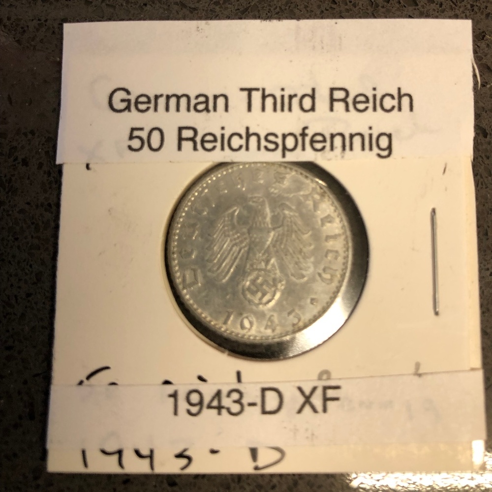 German Reich 50 Reichspfennig 1943-D coin  XF